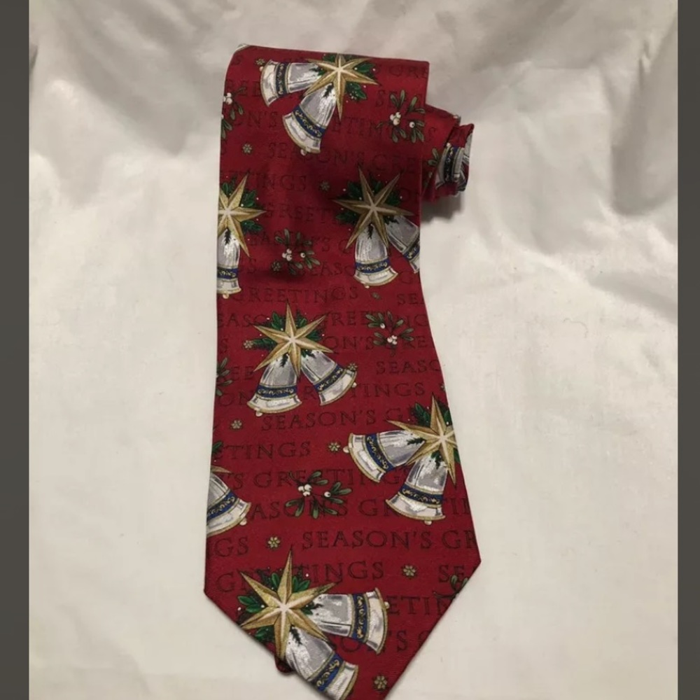 JcPenny Christmas 100% Silk Tie Seasons Greetings Bells
